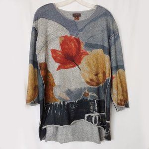 Multiples Womens Sweater Knit Tunic Top L Large Floral Abstract Gray Rust Cozy